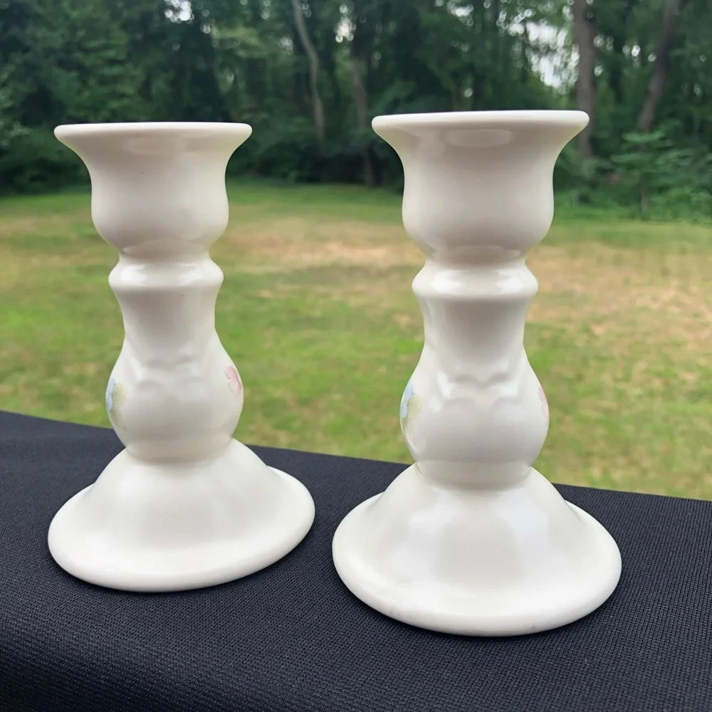 Pfaltzgraff Tea Rose 5” Candlesticks Candleholders - Pink & Blue Flowers